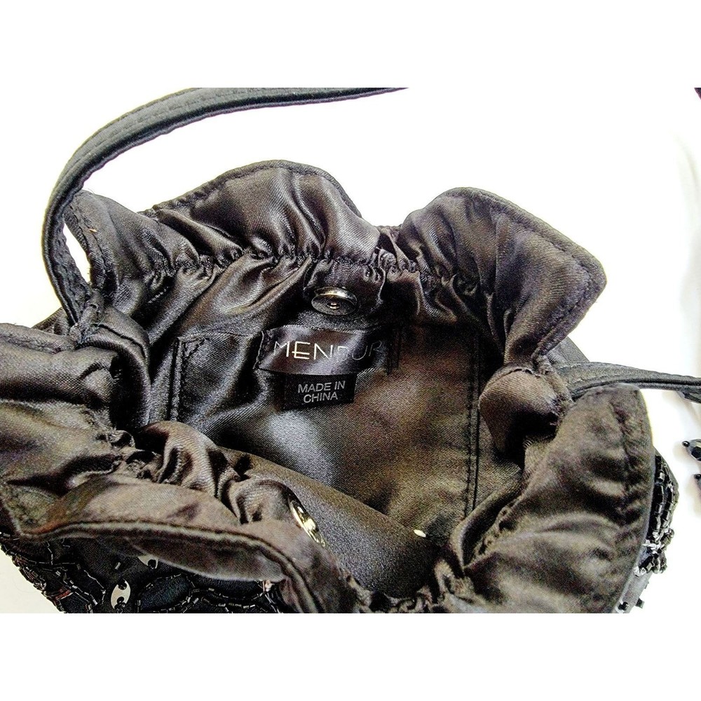 2 Vintage Black Fabric Hand Bag Purse With Beaded Sequin Flowers Menbur - Picture 5 of 7